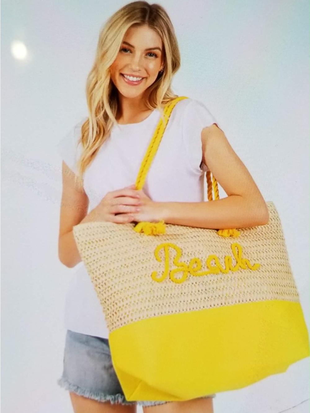 Yellow Woven Beach Tote with Rope Handles